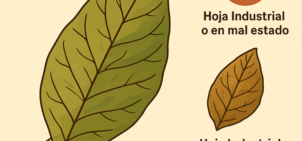 Ilustración educativa que muestra la diferencia entre una hoja de tabaco de alta calidad y una hoja de baja calidad.