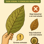 Ilustración educativa que muestra la diferencia entre una hoja de tabaco de alta calidad y una hoja de baja calidad.