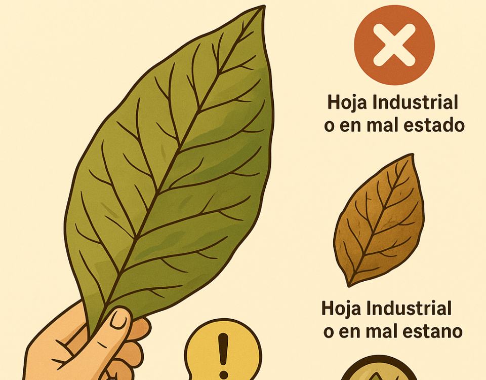 Ilustración educativa que muestra la diferencia entre una hoja de tabaco de alta calidad y una hoja de baja calidad.