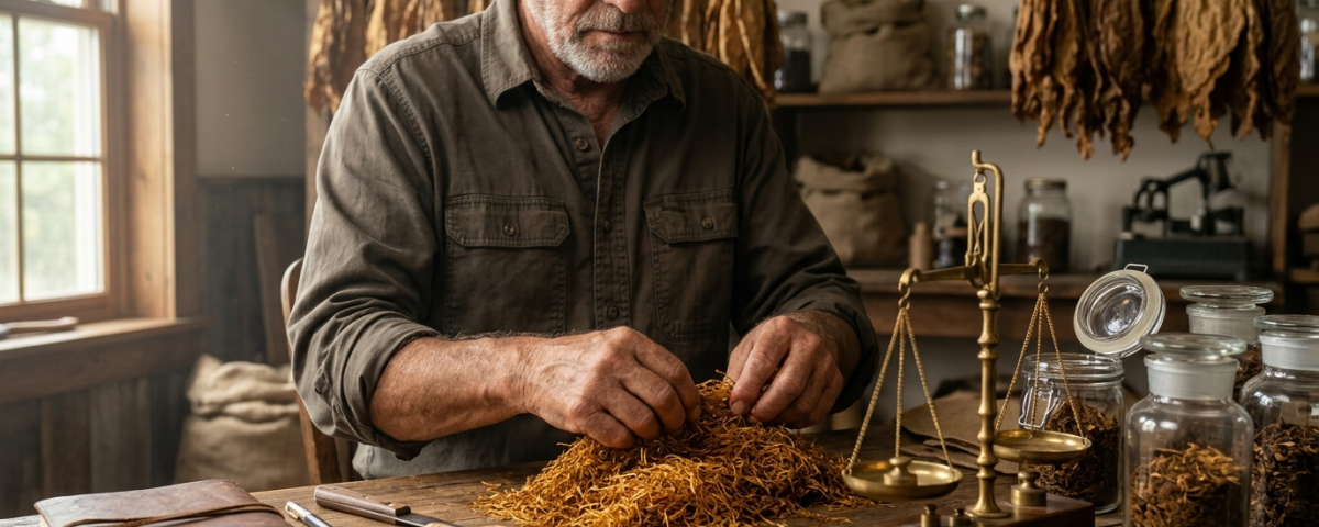 Embalagem de papel kraft de um quilo ao lado de um frasco de vidro hermético com tabaco natural dourado.