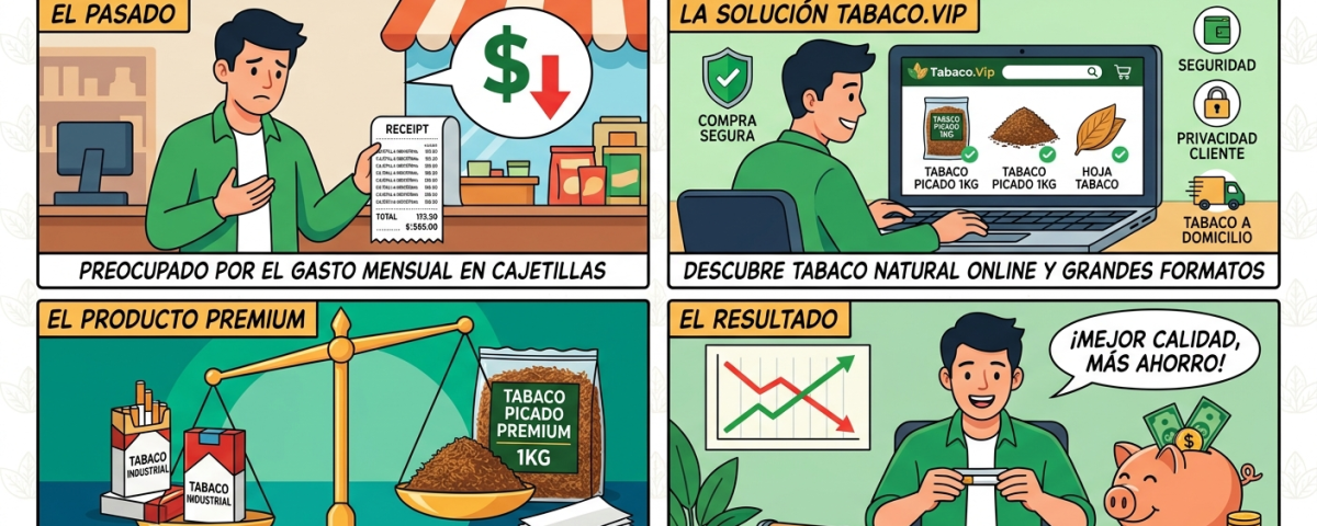 Ilustración estilo cómic comparando el ahorro entre tabaco industrial y tabaco por kilo de Tabaco.Vip.