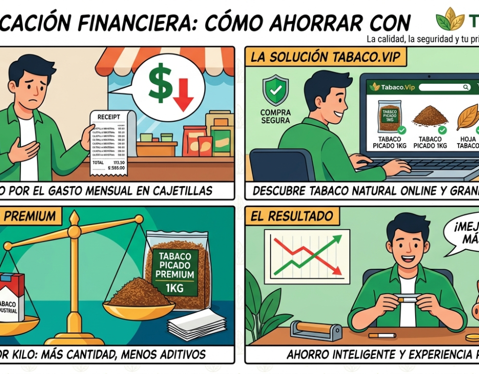 Ilustración estilo cómic comparando el ahorro entre tabaco industrial y tabaco por kilo de Tabaco.Vip.