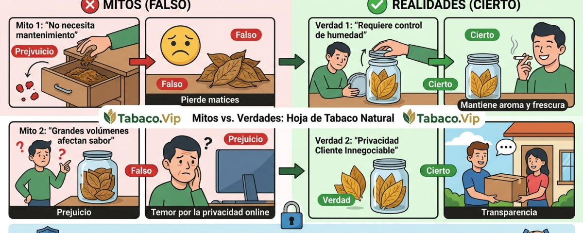 Gráfico comparativo que desmiente mitos sobre el tabaco natural y resalta la calidad y privacidad de Tabaco.Vip.