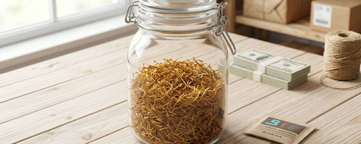 Bote de vidrio hermético para conservar la humedad de un kilo de tabaco natural.