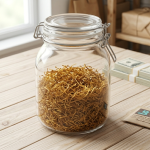 Bote de vidrio hermético para conservar la humedad de un kilo de tabaco natural.