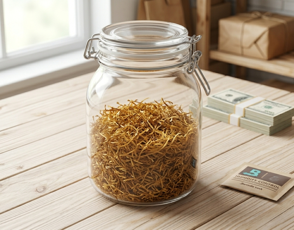 Bote de vidrio hermético para conservar la humedad de un kilo de tabaco natural.