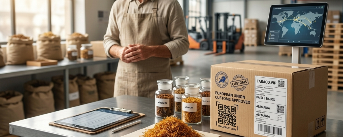 Caja de envío con sellos de aduanas de la Unión Europea junto a un lote de hebras de tabaco natural.
