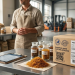 Caja de envío con sellos de aduanas de la Unión Europea junto a un lote de hebras de tabaco natural.