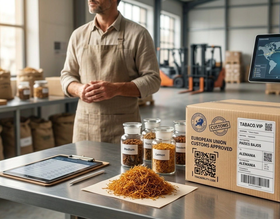 Caja de envío con sellos de aduanas de la Unión Europea junto a un lote de hebras de tabaco natural.