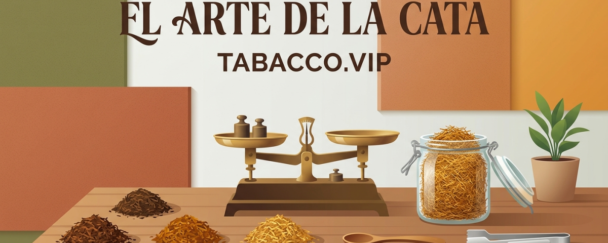 Ilustración de estilo flat design de un taller artesanal con báscula clásica y diferentes variedades de tabaco natural.