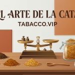 Ilustración de estilo flat design de un taller artesanal con báscula clásica y diferentes variedades de tabaco natural.
