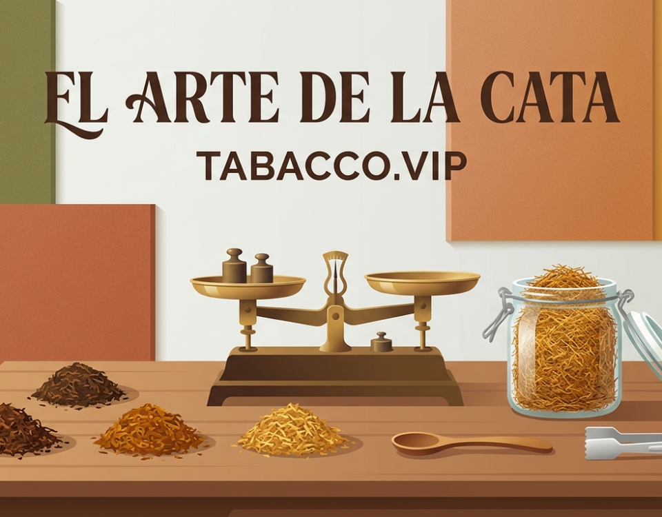 Ilustración de estilo flat design de un taller artesanal con báscula clásica y diferentes variedades de tabaco natural.