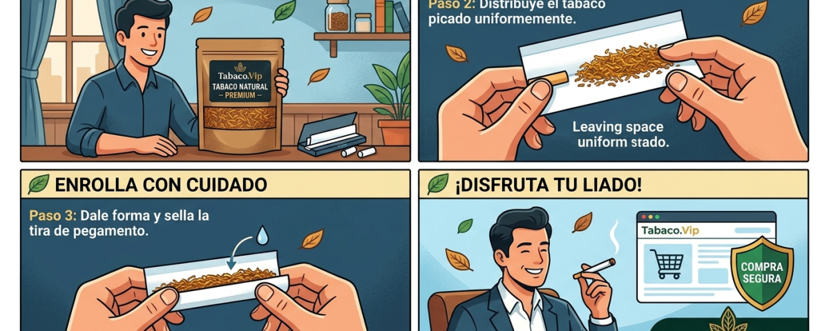 Infografía paso a paso para liar un cigarrillo con tabaco natural de Tabaco.Vip.