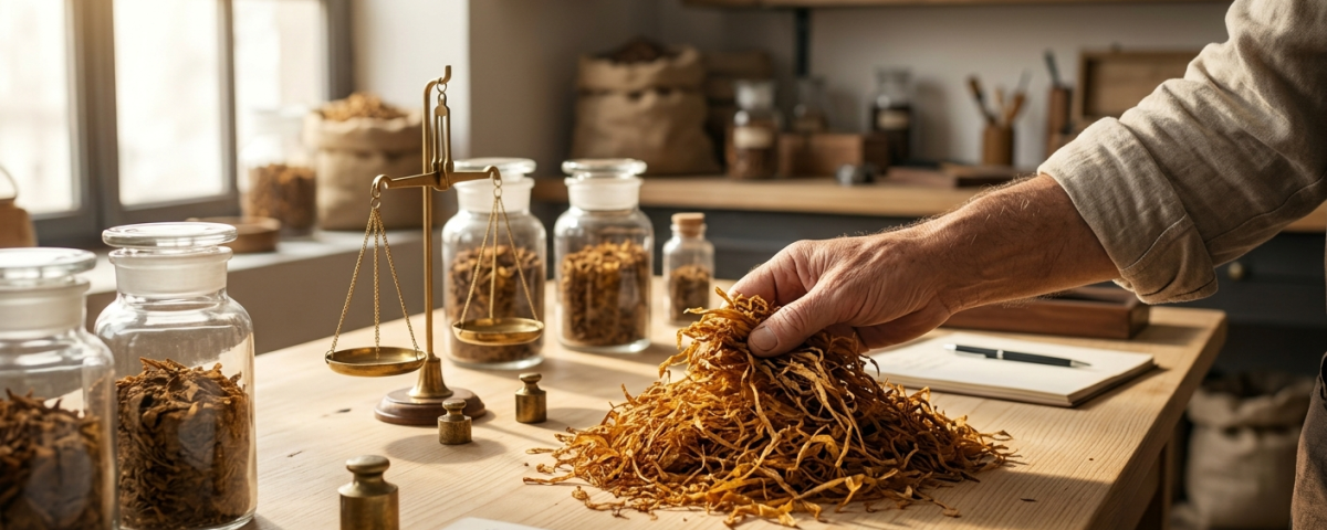 Manos de un artesano seleccionando hebras de tabaco natural sobre una mesa de madera de cata.