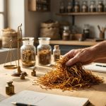 Manos de un artesano seleccionando hebras de tabaco natural sobre una mesa de madera de cata.