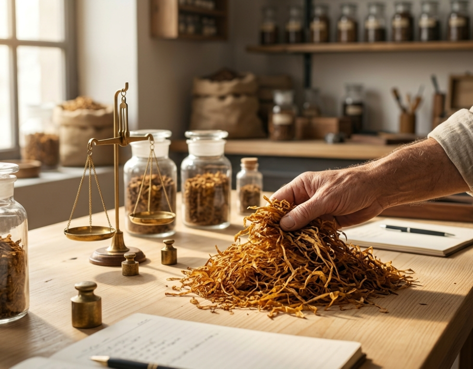 Manos de un artesano seleccionando hebras de tabaco natural sobre una mesa de madera de cata.