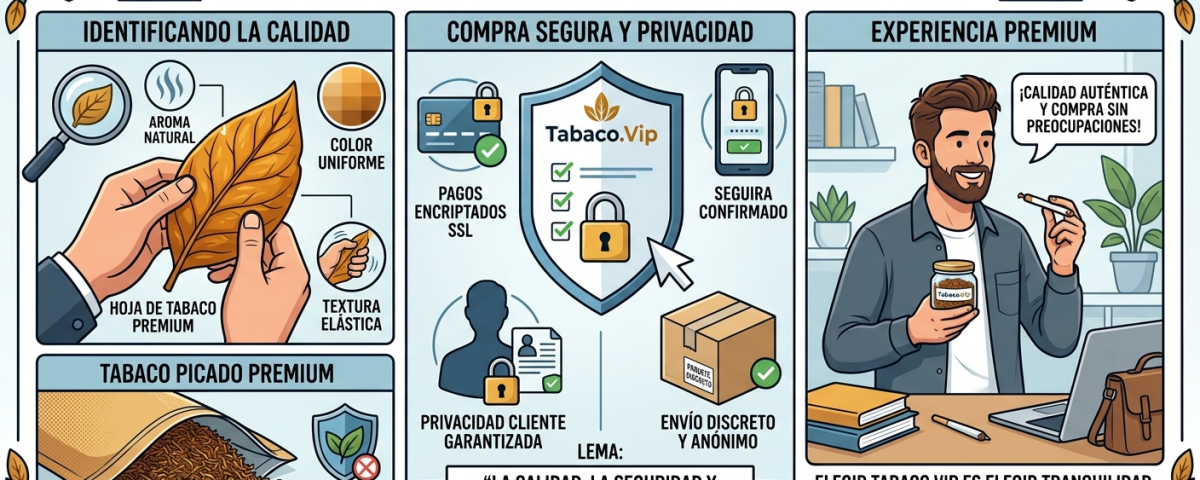 Ilustración sobre cómo identificar tabaco natural premium y realizar una compra segura online en Tabaco.Vip.