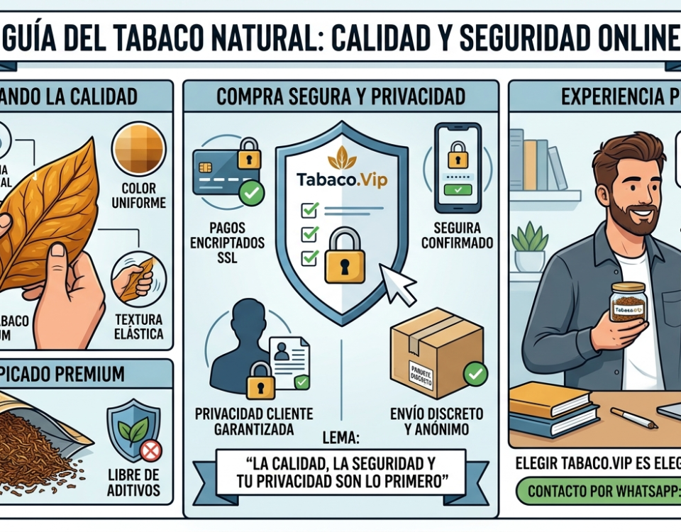 Ilustración sobre cómo identificar tabaco natural premium y realizar una compra segura online en Tabaco.Vip.