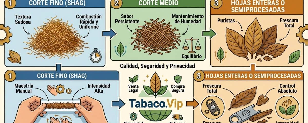 Infografía comparativa de los distintos tipos de picadura de tabaco natural (fina, media y hoja entera) disponibles en Tabaco.Vip.