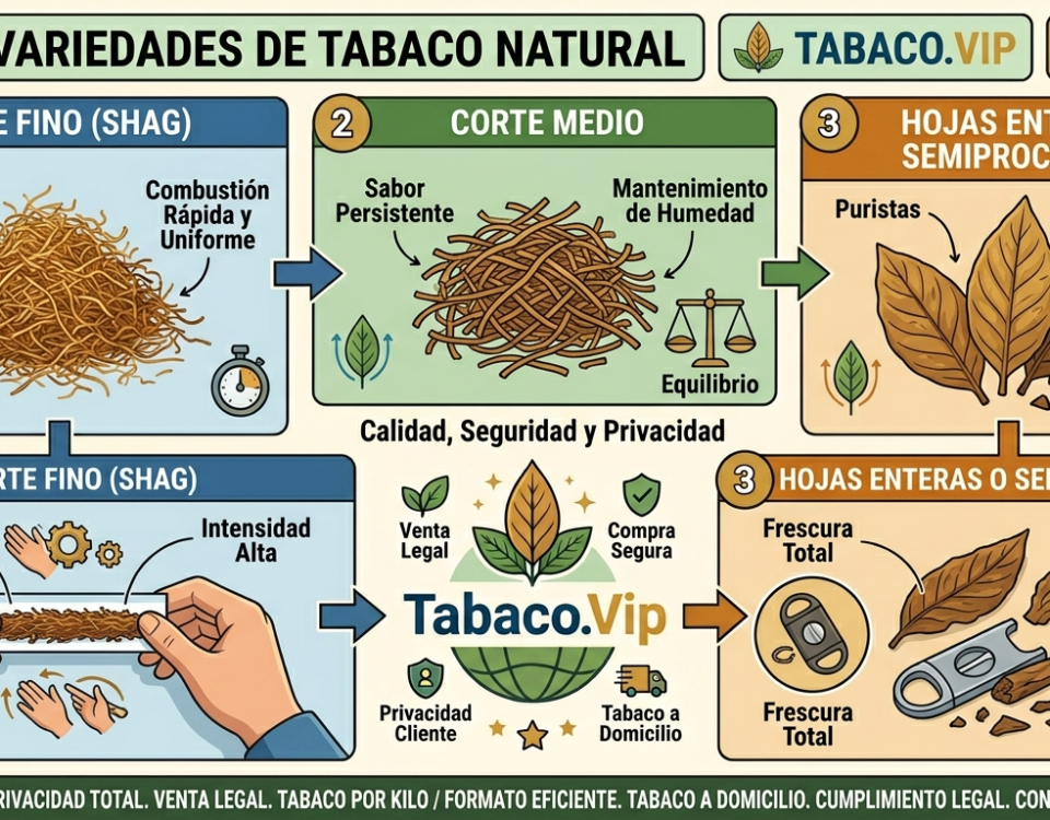 Infografía comparativa de los distintos tipos de picadura de tabaco natural (fina, media y hoja entera) disponibles en Tabaco.Vip.