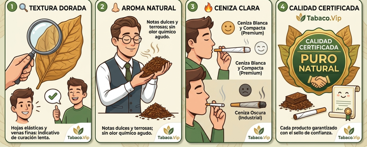 Infografía educativa sobre las características de la hoja de tabaco natural y tabaco picado de alta calidad.