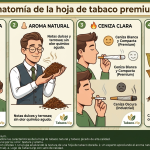 Infografía educativa sobre las características de la hoja de tabaco natural y tabaco picado de alta calidad.