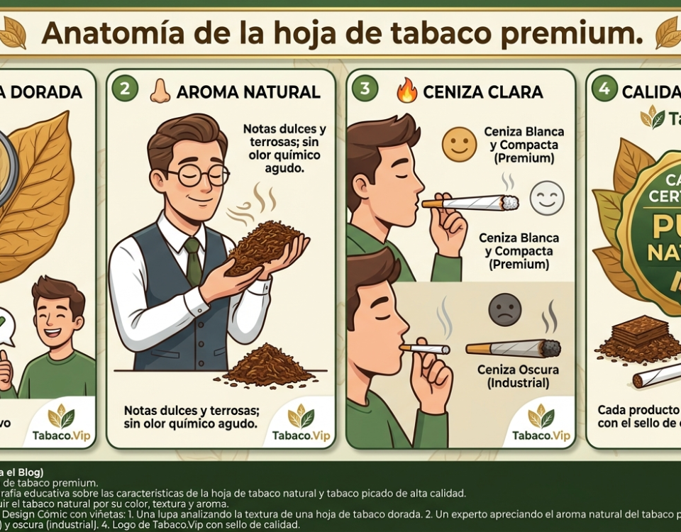 Infografía educativa sobre las características de la hoja de tabaco natural y tabaco picado de alta calidad.