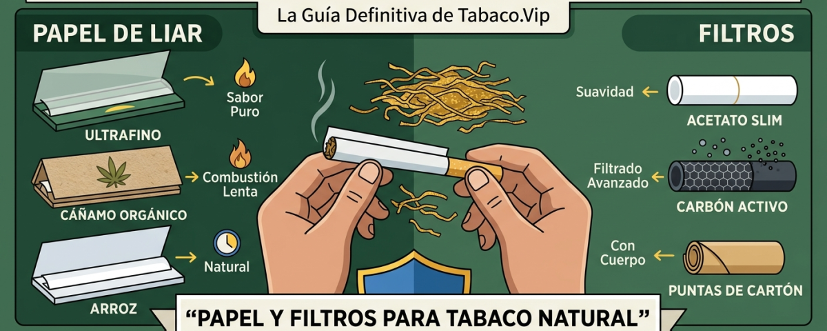 Infografía detallada sobre cómo elegir el mejor Papel y Filtros para Tabaco Natural, incluyendo opciones de cáñamo, arroz y filtros de carbón activo de Tabaco.Vip.