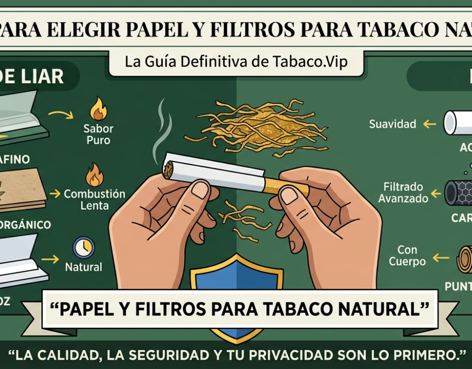 Infografía detallada sobre cómo elegir el mejor Papel y Filtros para Tabaco Natural, incluyendo opciones de cáñamo, arroz y filtros de carbón activo de Tabaco.Vip.