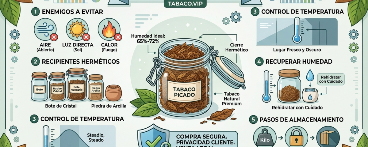 Infografía sobre cómo Conservar el Tabaco Picado Natural usando botes herméticos y controlando la humedad.