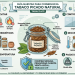 Infografía sobre cómo Conservar el Tabaco Picado Natural usando botes herméticos y controlando la humedad.