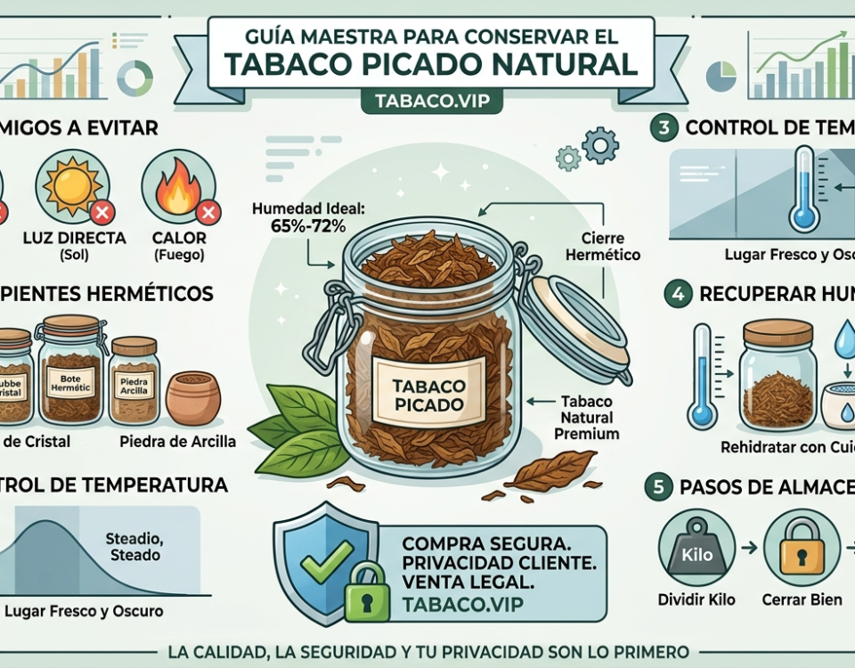 Infografía sobre cómo Conservar el Tabaco Picado Natural usando botes herméticos y controlando la humedad.