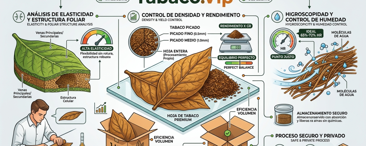 Infografía técnica que detalla las propiedades físicas, control de elasticidad, densidad e higroscopidad de la hoja de tabaco premium en Tabaco.Vip.