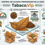 Infografía técnica que detalla las propiedades físicas, control de elasticidad, densidad e higroscopidad de la hoja de tabaco premium en Tabaco.Vip.