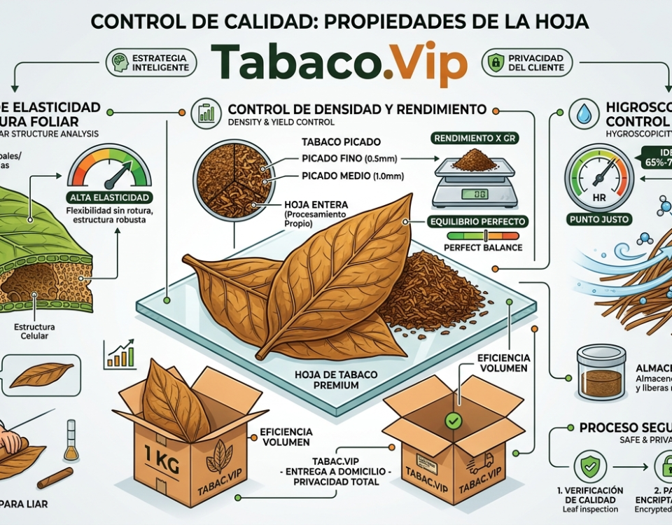 Infografía técnica que detalla las propiedades físicas, control de elasticidad, densidad e higroscopidad de la hoja de tabaco premium en Tabaco.Vip.