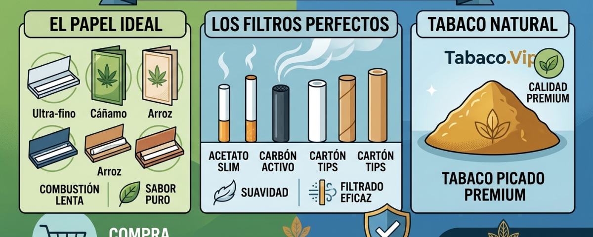Guía visual sobre los diferentes tipos de papel de liar y filtros para tabaco natural de Tabaco.Vip.