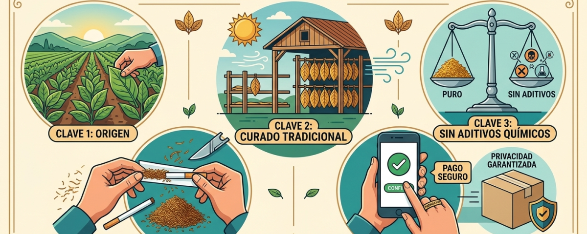 Ilustración sobre las características del tabaco natural premium y compra segura.
