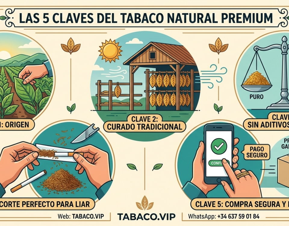 Ilustración sobre las características del tabaco natural premium y compra segura.