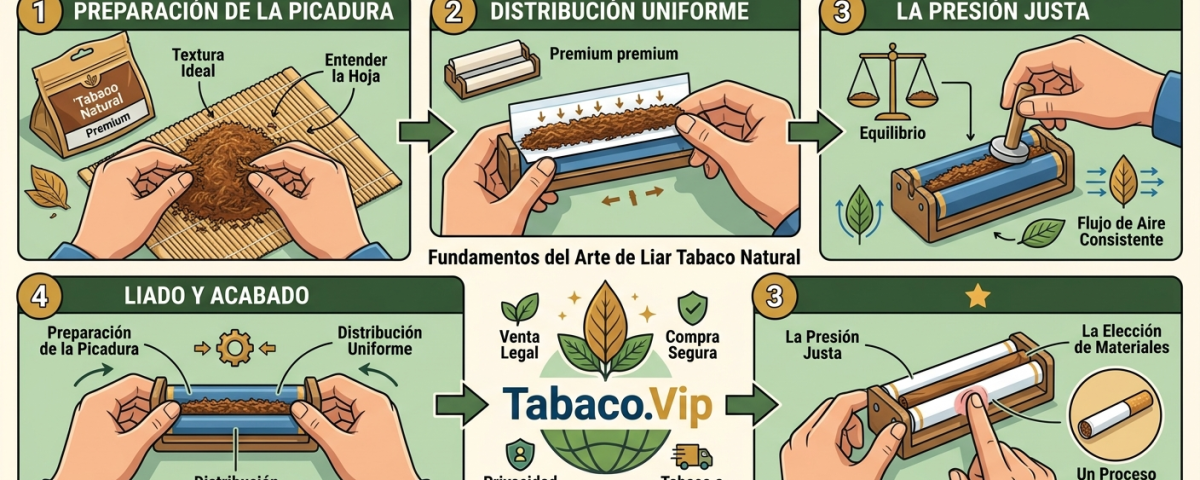 magen artística que muestra el proceso paso a paso del arte de liar tabaco natural con accesorios premium de Tabaco.Vip.