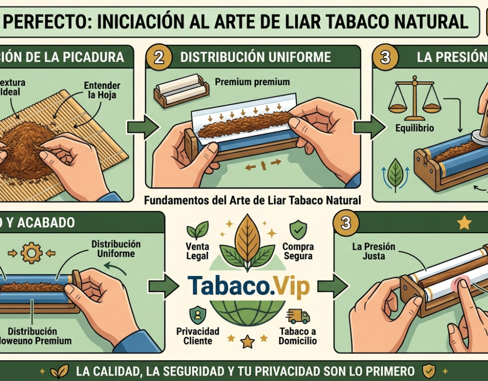 magen artística que muestra el proceso paso a paso del arte de liar tabaco natural con accesorios premium de Tabaco.Vip.