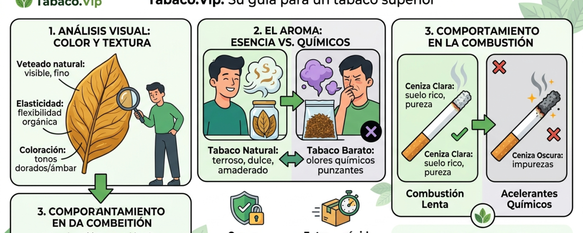 Infografía educativa sobre tabaco natural y picado de alta calidad.