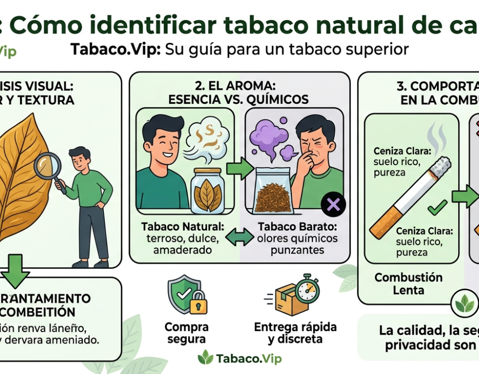 Infografía educativa sobre tabaco natural y picado de alta calidad.