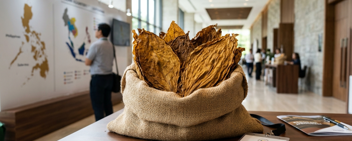 Hojas de tabaco natural de alta calidad seleccionadas sobre una mesa de conferencias en un entorno de comercio internacional.