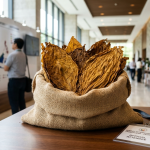 Hojas de tabaco natural de alta calidad seleccionadas sobre una mesa de conferencias en un entorno de comercio internacional.
