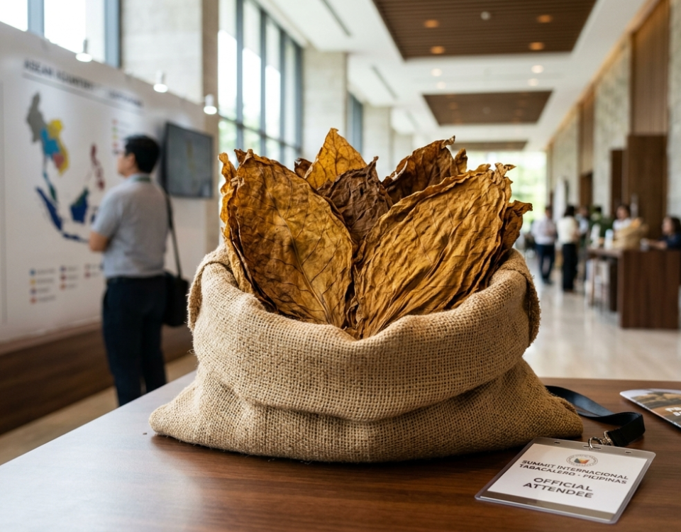 Hojas de tabaco natural de alta calidad seleccionadas sobre una mesa de conferencias en un entorno de comercio internacional.