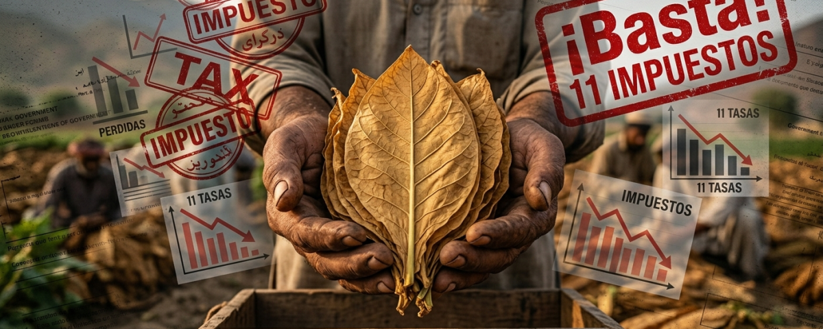 Manos de un agricultor sosteniendo hojas de tabaco natural y puro frente a un fondo conceptual de documentos impositivos industriales.