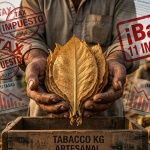 Manos de un agricultor sosteniendo hojas de tabaco natural y puro frente a un fondo conceptual de documentos impositivos industriales.