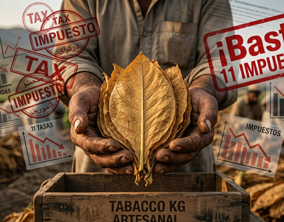 Manos de un agricultor sosteniendo hojas de tabaco natural y puro frente a un fondo conceptual de documentos impositivos industriales.