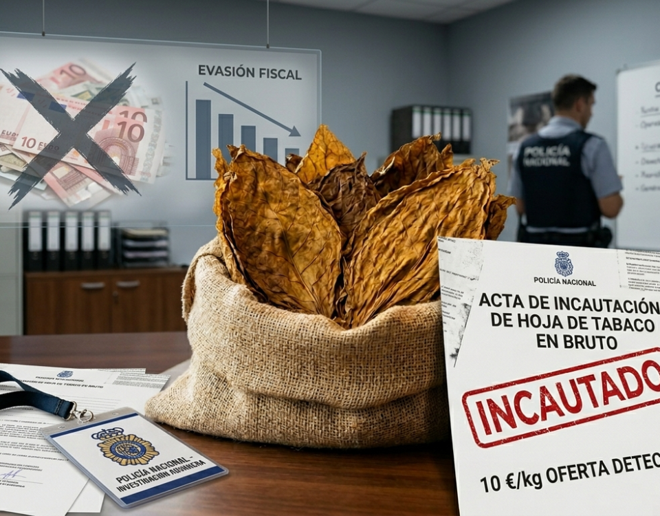 Ilustración conceptual sobre la oferta de 10 euros por kilo de hoja de tabaco por parte de redes de contrabando, destacando la materia prima natural.