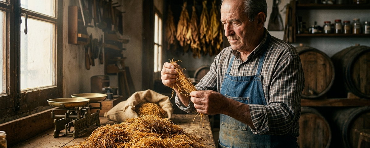 Manos de un artesano seleccionando hebras de tabaco kilo sobre una mesa de madera rústica iluminada por el sol.